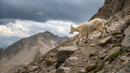 Naklejka premium A photograph captures a majestic white mountain goat traversing a rocky