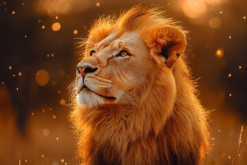 Naklejka premium Majestic Lion Gazing at Golden Sunset Light