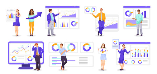 Group of business professionals showcasing data visualizations like charts and graphs, surrounded by analytical tools, teamwork concept. Vector illustration