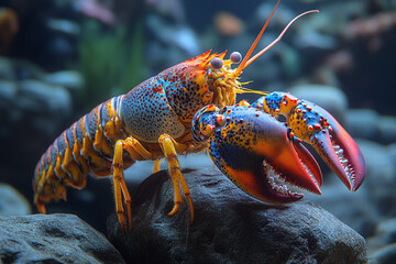Vibrant Colorful Lobster On Dark Rocks
