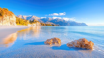Calm beach sunrise, mountains, clear water, coastal scene, travel photography
