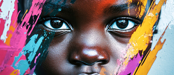 Obraz premium Vibrant graffiti portrait of an African child showcasing urban street art in a colorful expression of culture and identity