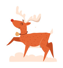 Cute children's illustration of deer, Christmas reindeer with antlers, Vector illustration of a deer, New Year reindeer with a red nose