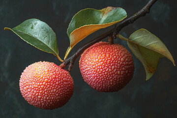 Two Arbutus Unedo Fruits Hanging On A Branch