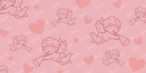 Vintage seamless pattern with Cupid for Valentine's day. Romantic Valentine pattern in retro style.
