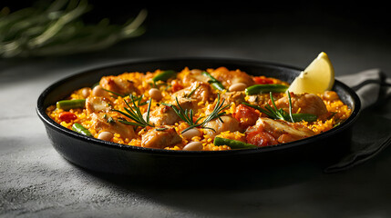 Traditional Spanish Paella Dish Captured in Dynamic Angled Shot