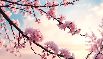 Obraz premium Delicate Pink Cherry Blossoms Blooming Against a Soft Sky