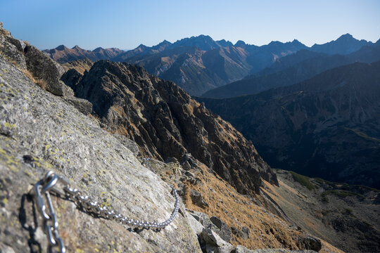 Landscape of the High Tatras. The most difficult high-mountain trail in Poland, Orla Perć.
