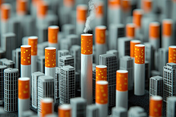 Futuristic cityscape with cigarette butts as billboards promoting