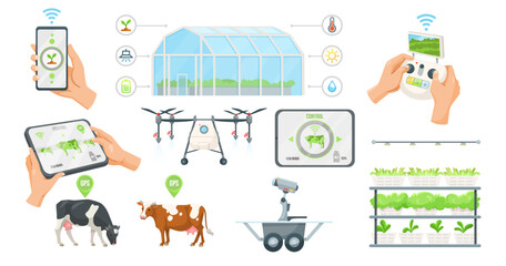 Smart farming tools, including drones, apps, greenhouses, and robots, depicted on a white background. Concept of precision agriculture. Vector illustration © GN.STUDIO