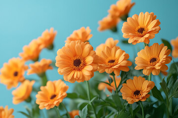 Fototapeta premium Vibrant Orange Flowers Blooming Against A Blue Background