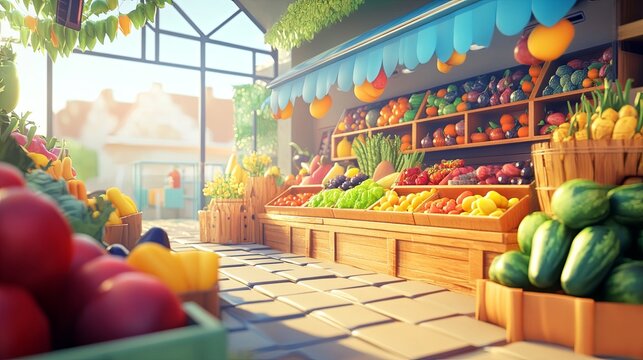 A bright scene of an eco-market with fresh fruits and veggies styled for delivery. digital