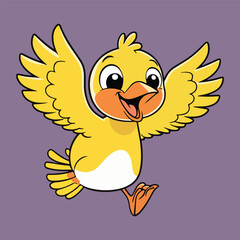 This is a cartoon-style illustration of a bright yellow chick with orange feet and beak. The chick is depicted in a dynamic pose, wings spread as if about to take flight or running energetically.