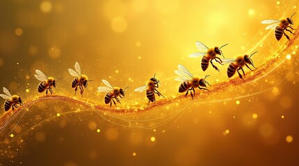 Fototapeta premium Group of Honeybees Flying Along a Golden Path with Sparkling Background