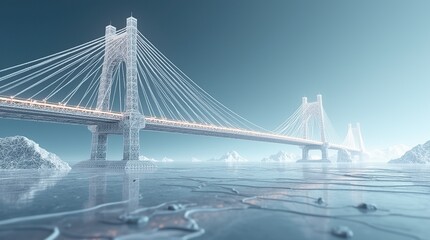 Obraz premium Futuristic Wireframe Bridge Rendering Over a Frozen River with Icy Details