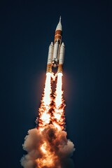 Rocket launch with fiery exhaust against dark blue sky a powerful display of space exploration
