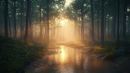 Obraz premium Sunrise over stream in forest, misty.