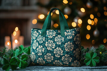 stylish tote bag with Irish patterns and clover leaves