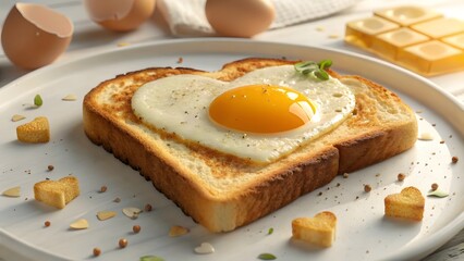 Fototapeta premium Heart-Shaped Fried Egg on Toast Photorealistic Breakfast Art V1