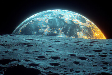 Celestial Body Rising Over Cratered Landscape