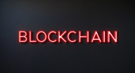 Obraz premium blockchain word lettering with neon red glow on plain black dark background