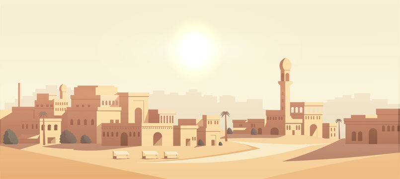 Middle Eastern cityscape with traditional architecture, palm trees, and a bright sunlit background. Concept of urban desert scenery. Vector illustration.