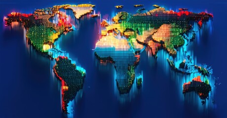 Futuristic world map with interconnected digital trade routes, glowing neon nodes, vibrant pixelated textures, deep contrast, technological network, data-driven globalization