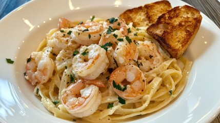 A delectable plate of shrimp scampi with garlic, white wine, and parsley