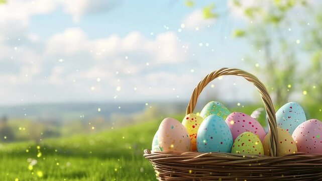 Basket of easter eggs on green grass