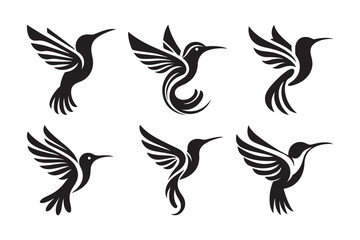 SET OF HUMMING BIRD silhouette vector logo, isolated on white background