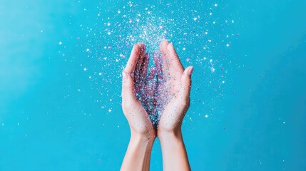 Glitter Celebration Hands cupped, sparkling confetti falling against a blue background. Ideal for festive occasions