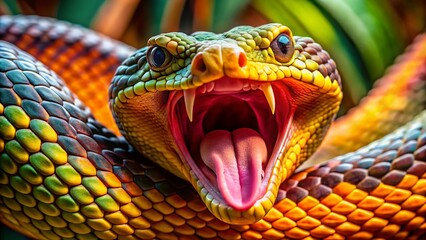 Fototapeta premium Venomous Snake, Coiled, Open Mouth, Wildlife, Nature, Photography, Candid