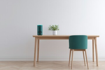 Voice assistants enable seamless automation and smart integration. Modern workspace featuring a chair, table, and decorative plant.