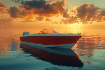 Naklejka premium Red and white motorboat at sunset on calm water