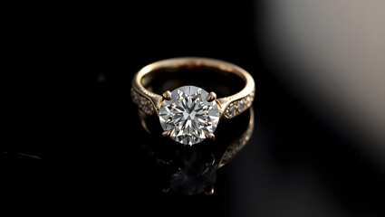 close-up of a luxury diamond ring centered on a sleek, glossy black onyx surface, which subtly reflects the stone's brilliance