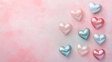 Fototapeta premium A dreamy layout of glittery hearts floating over a light pink and white gradient