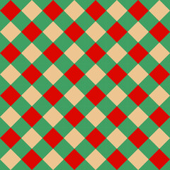 seamless pattern features a checkered design with alternating red, green, and beige squares arranged diagonally, creating a vibrant and symmetrical geometric look