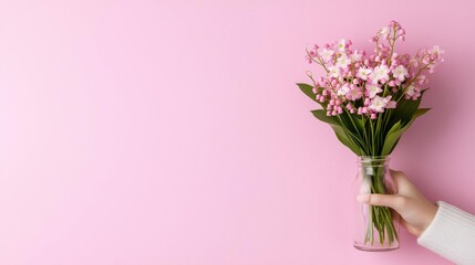 Naklejka premium Pink flowers in glass vase, hand holding, pink background, spring celebration, greeting card