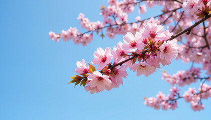 Obraz premium Cherry blossom branch with pink flowers against blue sky
