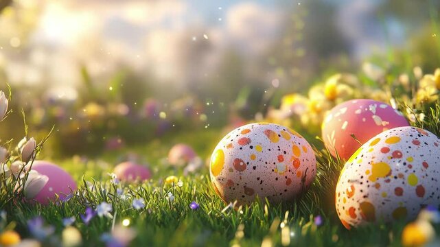Easter eggs in grass, happy easter day.