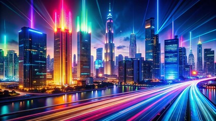 Fototapeta premium Vibrant Digital Skyline - AI Night Photography
