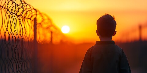 A silhouette of a child gazes at a vibrant sunset, framed by a fence, evoking themes of hope and longing in a poignant landscape.