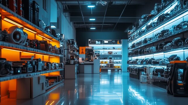 A brightly lit car parts store showcasing shelves of electric vehicle accessories. digital