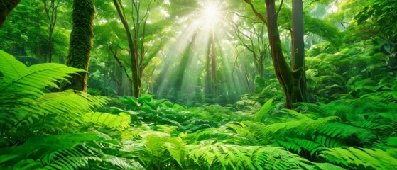 Naklejka premium A nature-inspired aesthetic background with lush greenery, soft sunlight filtering through leaves, and a serene forest atmosphere, creating a calming and refreshing vibe