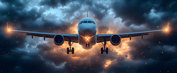 Airplane Approaching Through Dramatic Stormy Night Sky
