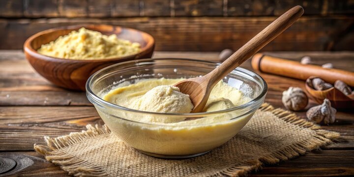 A close-up shot of a bowl filled with creamy corn flour batter being stirred with a wooden spoon in a rustic kitchen setting, rustic, ingredients
