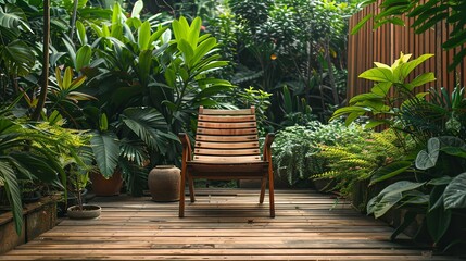 Obraz premium Wooden Chair Amidst Lush Tropical Garden Greenery