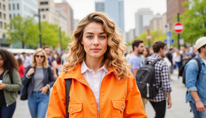 Confident young woman smiling in vibrant city square, urban vitality