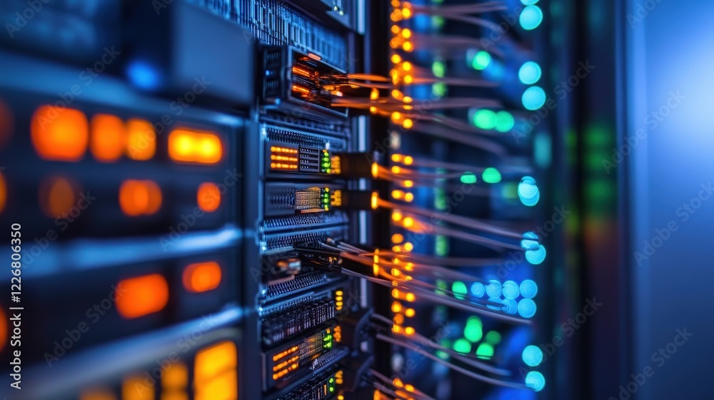 Poster close-up view of modern server rack with network cables and lights