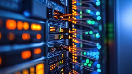 Naklejka premium Close-Up View of Modern Server Rack with Network Cables and Lights